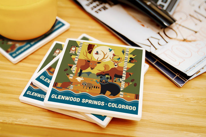 Glenwood Springs, Colorado, Forest Animals & Pine Trees, Geometric, Lantern Press Artwork, Coaster Set Coasters Lantern Press 