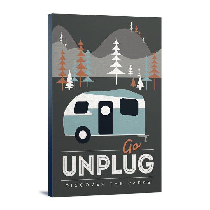 Go Unplug (Camper), Discover the Parks, Vector Style, Lantern Press Artwork, Stretched Canvas Canvas Lantern Press 12x18 Stretched Canvas 