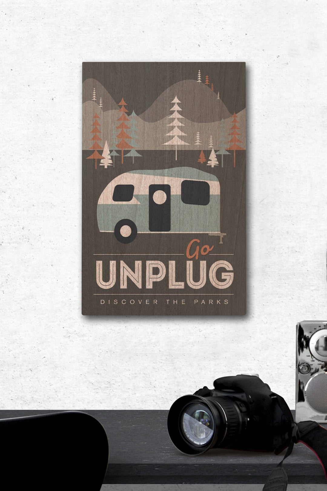 Go Unplug (Camper), Discover the Parks, Vector Style, Lantern Press Artwork, Wood Signs and Postcards Wood Lantern Press 12 x 18 Wood Gallery Print 