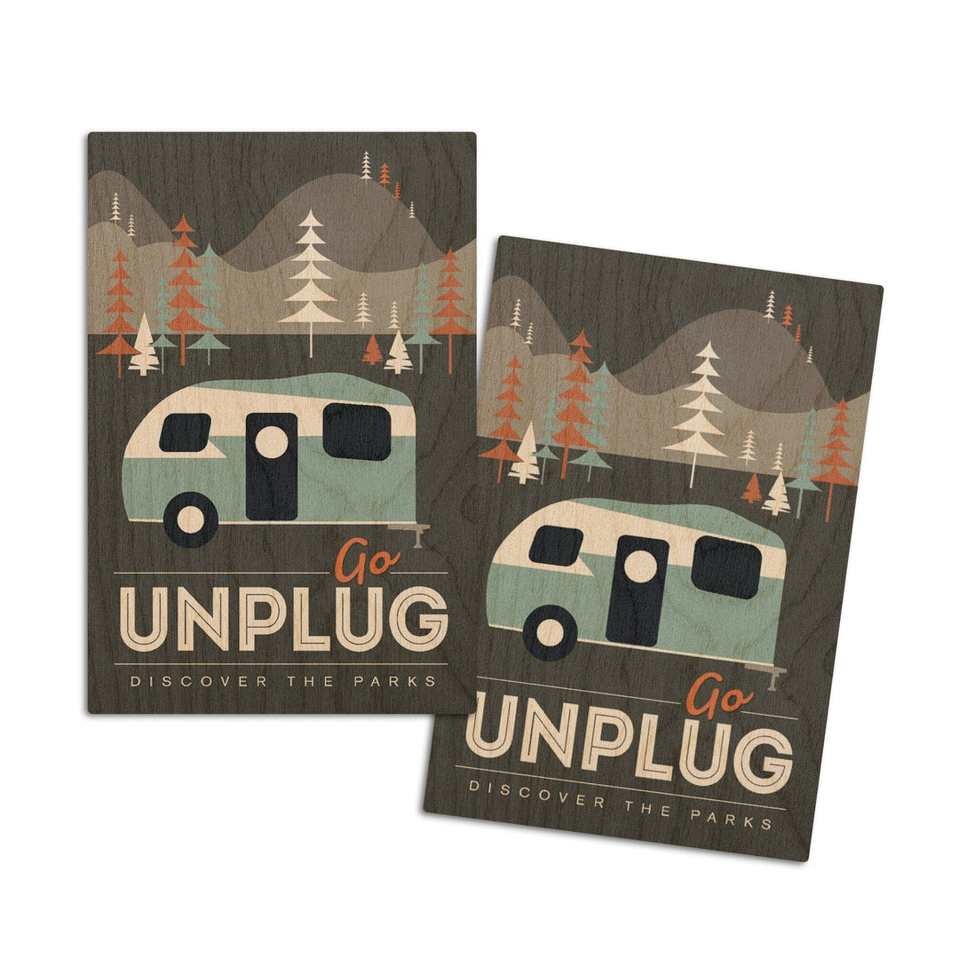 Go Unplug (Camper), Discover the Parks, Vector Style, Lantern Press Artwork, Wood Signs and Postcards Wood Lantern Press 4x6 Wood Postcard Set 