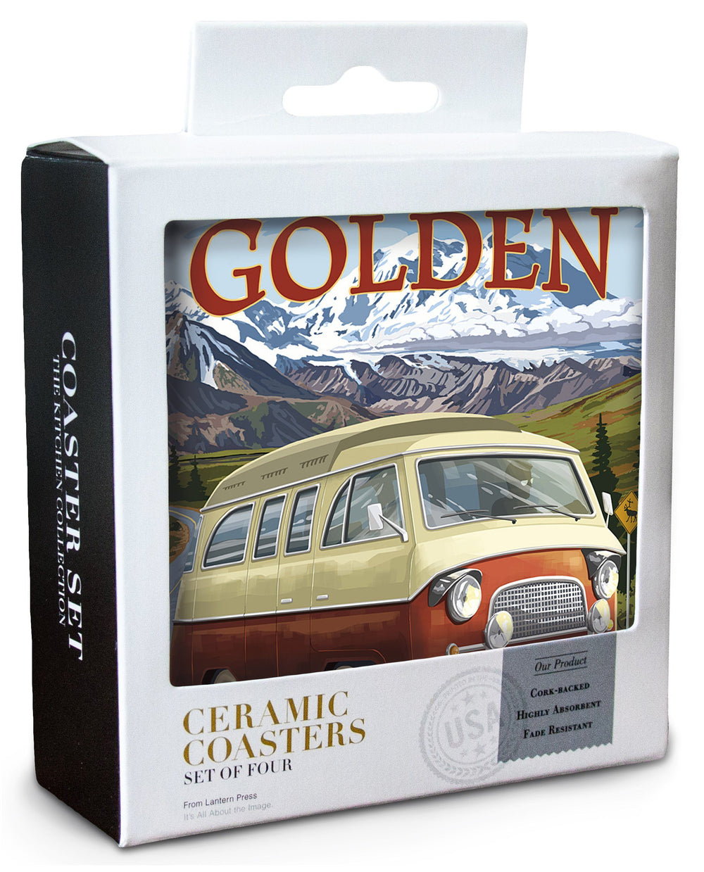 Golden, Colorado, LP Camper Van Mountain Drive, Lantern Press Artwork, Coaster Set Coasters Lantern Press 