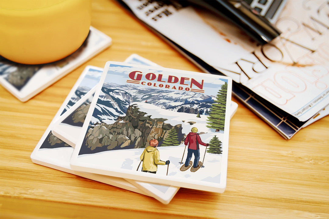 Golden, Colorado, Snowshoer Scene, Lantern Press Artwork, Coaster Set Coasters Lantern Press 