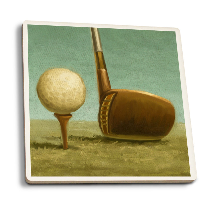 Golf, Tee & Club, Oil Painting, Lantern Press Artwork, Coaster Set Coasters Lantern Press 