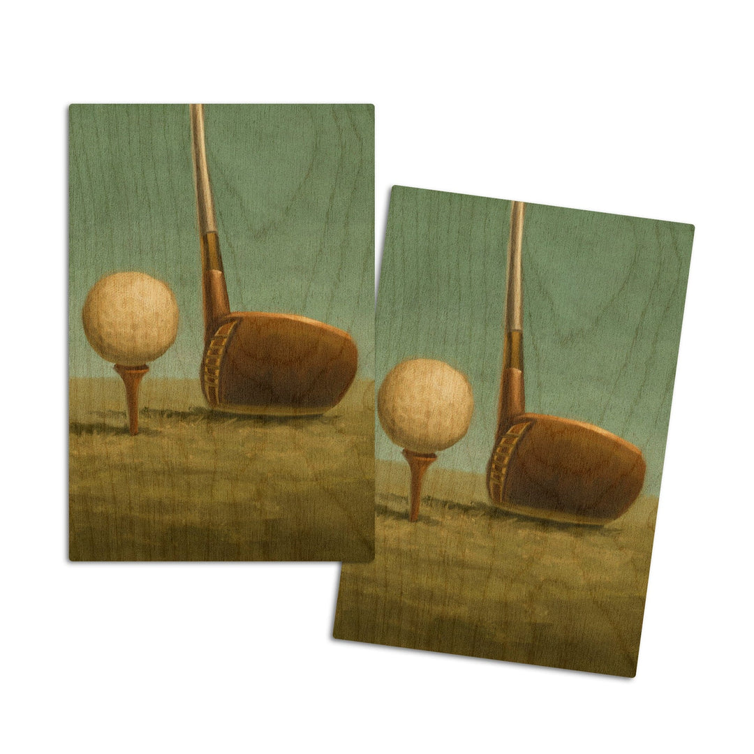 Golf, Tee & Club, Oil Painting, Lantern Press Artwork, Wood Signs and Postcards Wood Lantern Press 4x6 Wood Postcard Set 