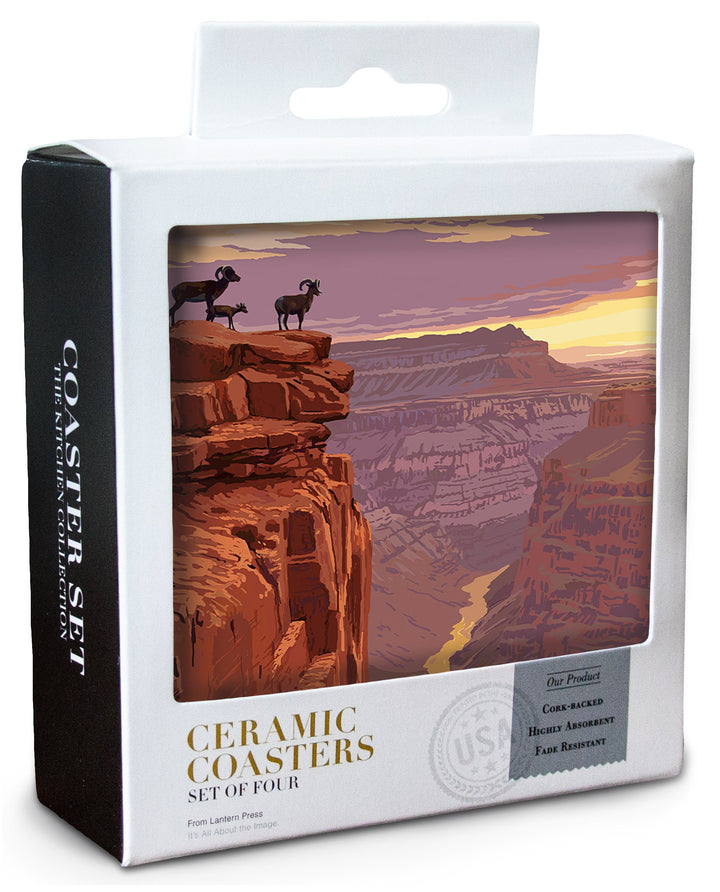 Grand Canyon National Park, Arizona, Bighorn Sheep on Point, Lantern Press Artwork, Coaster Set Coasters Lantern Press 