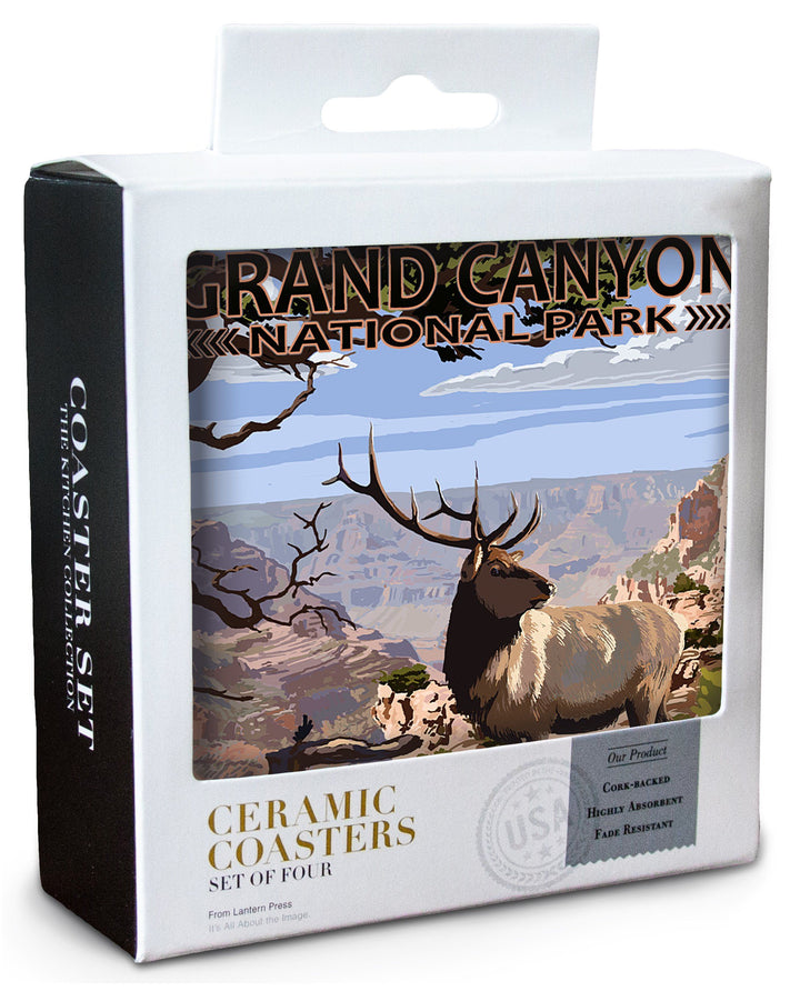 Grand Canyon National Park, Arizona, Elk & South Rim, Lantern Press Artwork, Coaster Set Coasters Lantern Press 