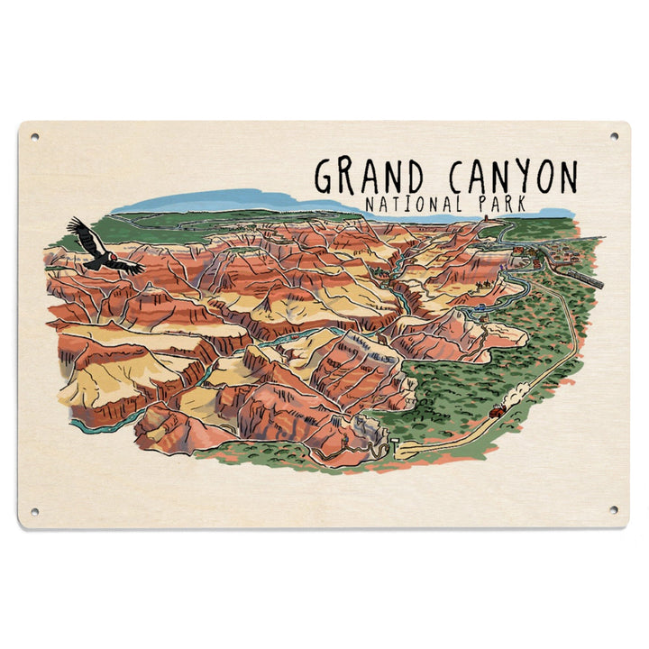 Grand Canyon National Park, Arizona, Line Drawing, Lantern Press Artwork, Wood Signs and Postcards Wood Lantern Press 