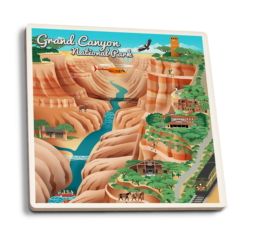 Grand Canyon National Park, Arizona, Retro View, Lantern Press Artwork, Coaster Set Coasters Lantern Press 