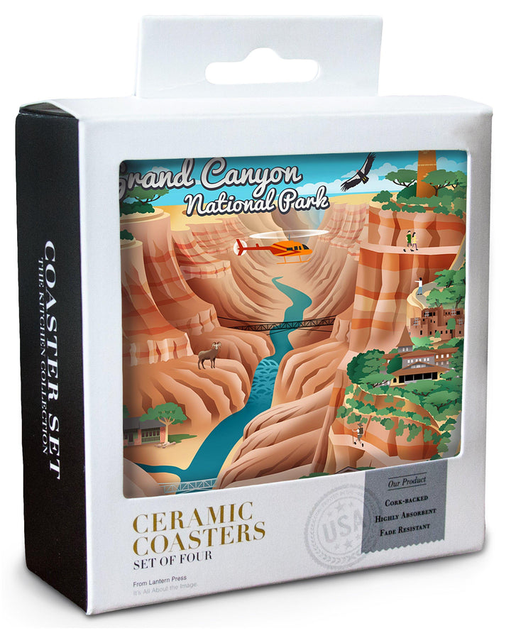 Grand Canyon National Park, Arizona, Retro View, Lantern Press Artwork, Coaster Set Coasters Lantern Press 