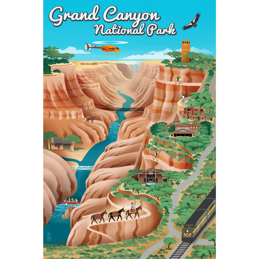 Grand Canyon National Park, Arizona, Retro View, Lantern Press Artwork, Stretched Canvas Canvas Lantern Press 