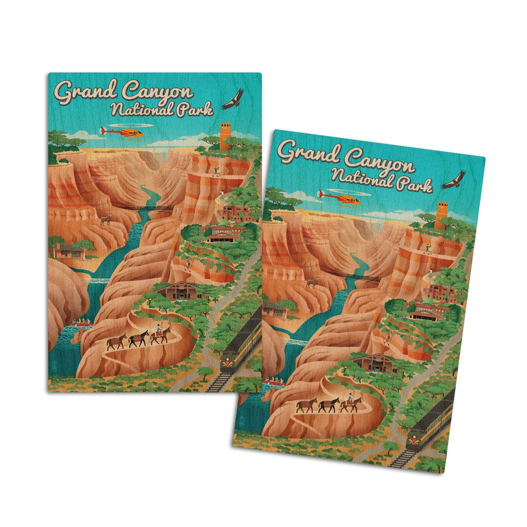 Grand Canyon National Park, Arizona, Retro View, Lantern Press Artwork, Wood Signs and Postcards Wood Lantern Press 4x6 Wood Postcard Set 
