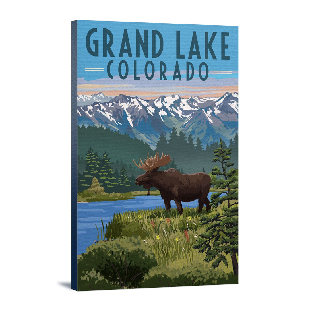 Grand Lake, Colorado, Moose & Mountains, Lantern Press Artwork, Stretched Canvas Canvas Lantern Press 