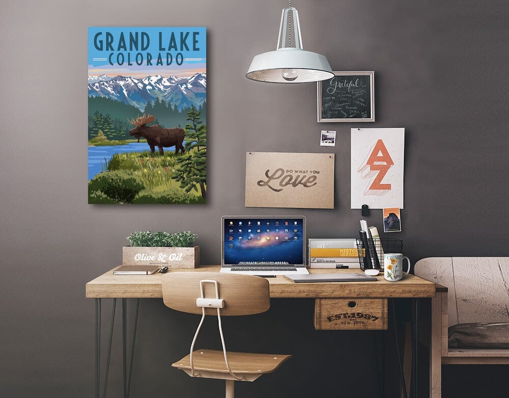 Grand Lake, Colorado, Moose & Mountains, Lantern Press Artwork, Stretched Canvas Canvas Lantern Press 