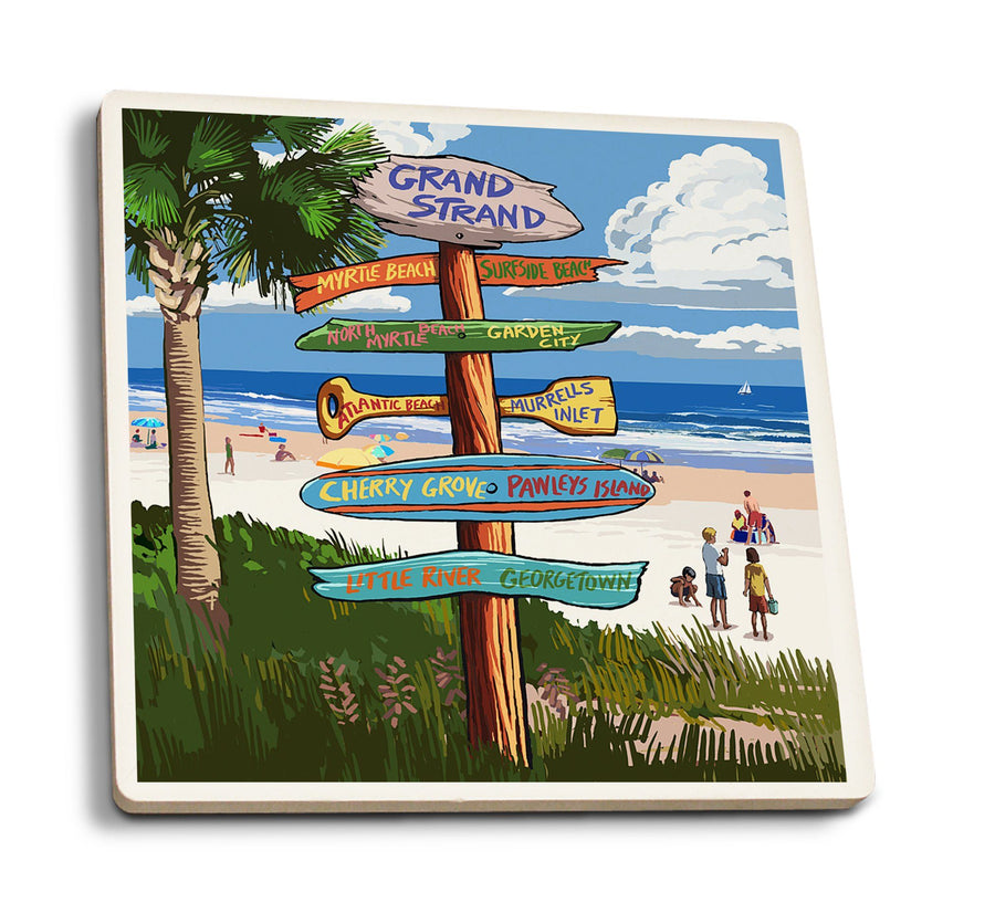 Grand Strand, South Carolina, Destinations Sign, Lantern Press Artwork, Coaster Set Coasters Lantern Press 