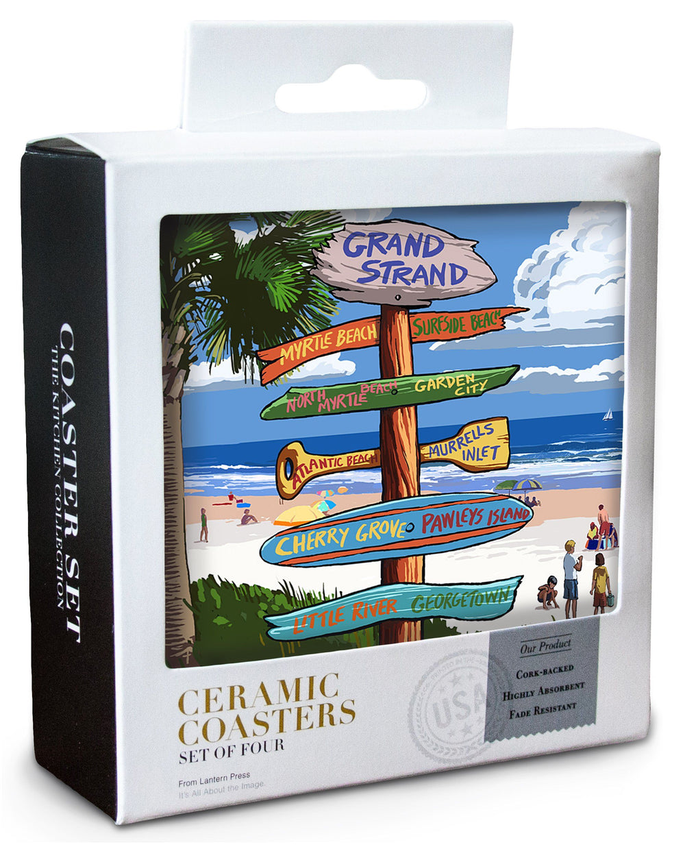 Grand Strand, South Carolina, Destinations Sign, Lantern Press Artwork, Coaster Set Coasters Lantern Press 