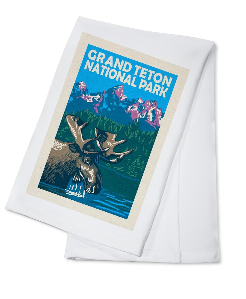 Grand Teton National Park, Moose in Lake, Woodblock, Lantern Press Artwork, Towels and Aprons Kitchen Lantern Press Cotton Towel 
