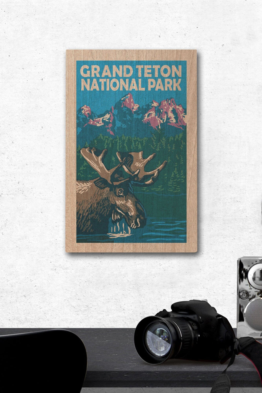Grand Teton National Park, Moose in Lake, Woodblock, Lantern Press Artwork, Wood Signs and Postcards Wood Lantern Press 12 x 18 Wood Gallery Print 
