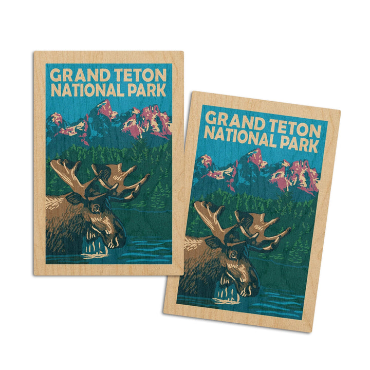 Grand Teton National Park, Moose in Lake, Woodblock, Lantern Press Artwork, Wood Signs and Postcards Wood Lantern Press 4x6 Wood Postcard Set 