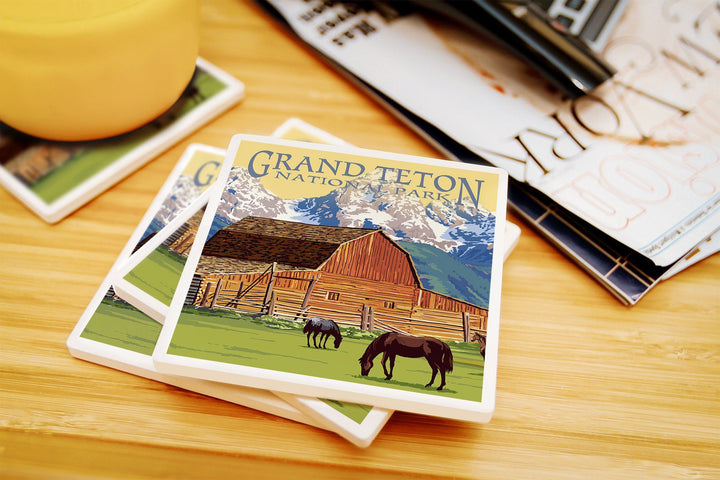 Grand Teton National Park, Wyoming, Barn & Mountains, Lantern Press Artwork, Coaster Set Coasters Lantern Press 
