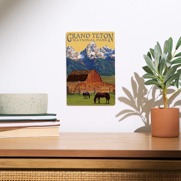 Grand Teton National Park, Wyoming, Barn & Mountains, Lantern Press Artwork, Wood Signs and Postcards Wood Lantern Press 