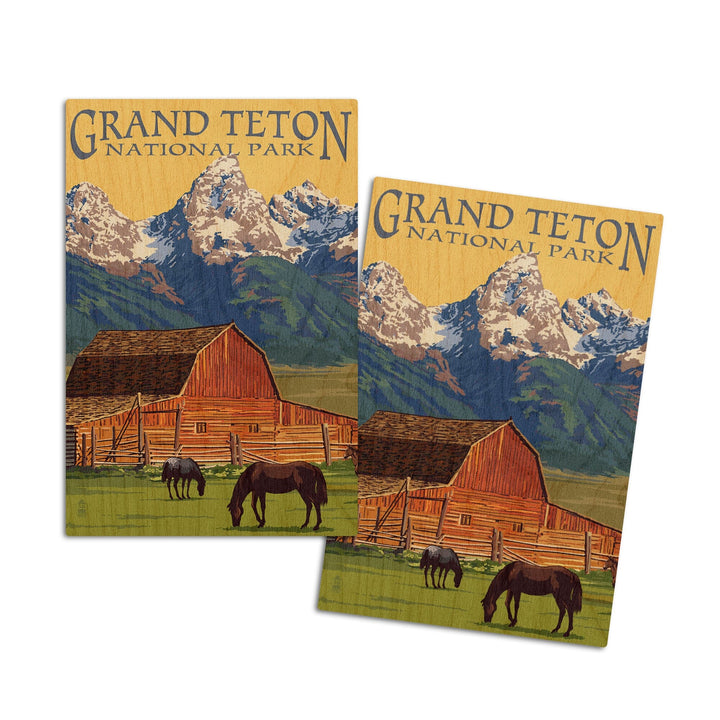 Grand Teton National Park, Wyoming, Barn & Mountains, Lantern Press Artwork, Wood Signs and Postcards Wood Lantern Press 4x6 Wood Postcard Set 