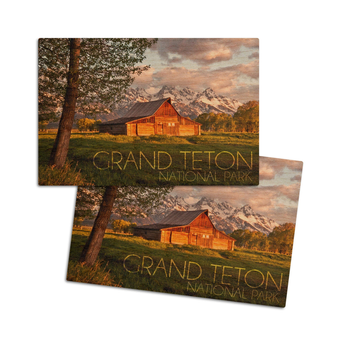 Grand Teton National Park, Wyoming, Barn & Tree, Lantern Press Photography, Wood Signs and Postcards Wood Lantern Press 4x6 Wood Postcard Set 