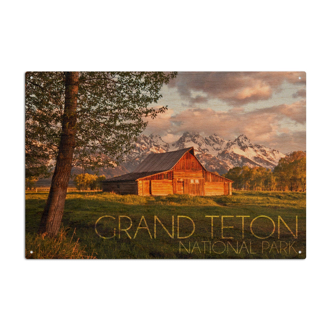 Grand Teton National Park, Wyoming, Barn & Tree, Lantern Press Photography, Wood Signs and Postcards Wood Lantern Press 6x9 Wood Sign 