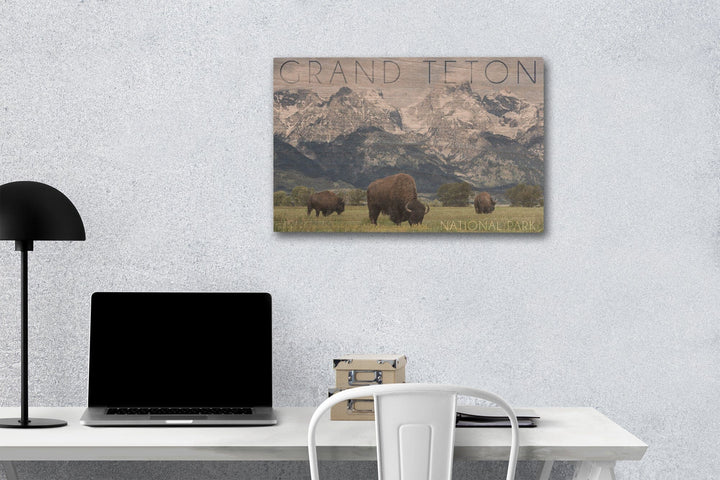 Grand Teton National Park, Wyoming, Buffalo & Mountain Scene, Lantern Press Photography, Wood Signs and Postcards Wood Lantern Press 12 x 18 Wood Gallery Print 