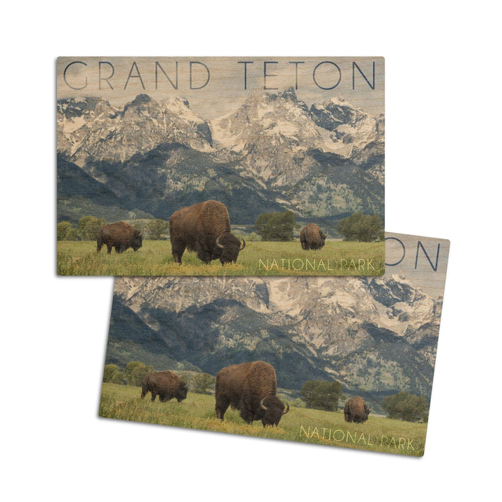 Grand Teton National Park, Wyoming, Buffalo & Mountain Scene, Lantern Press Photography, Wood Signs and Postcards Wood Lantern Press 4x6 Wood Postcard Set 