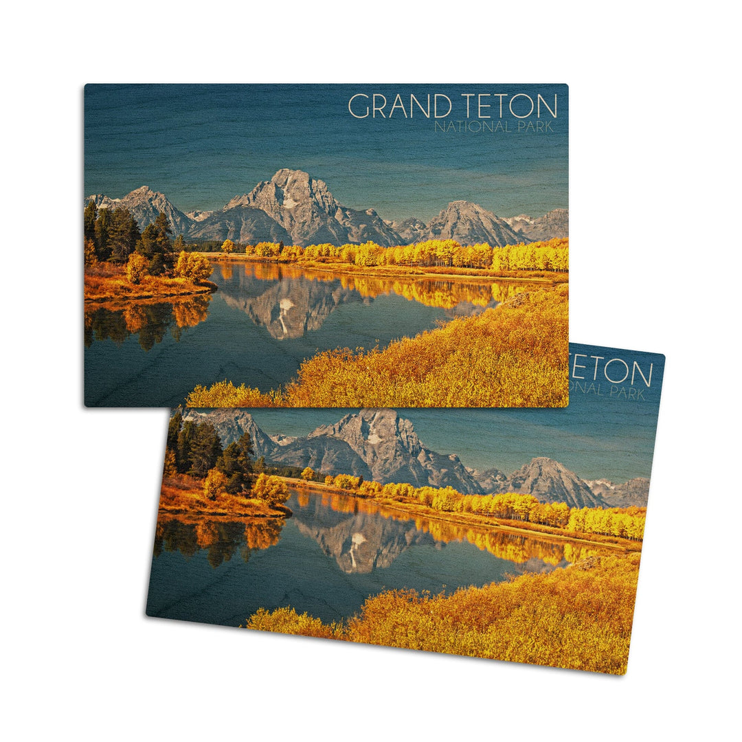 Grand Teton National Park, Wyoming, Fall Colors at Oxbow Bend, Lantern Press Photography, Wood Signs and Postcards Wood Lantern Press 4x6 Wood Postcard Set 
