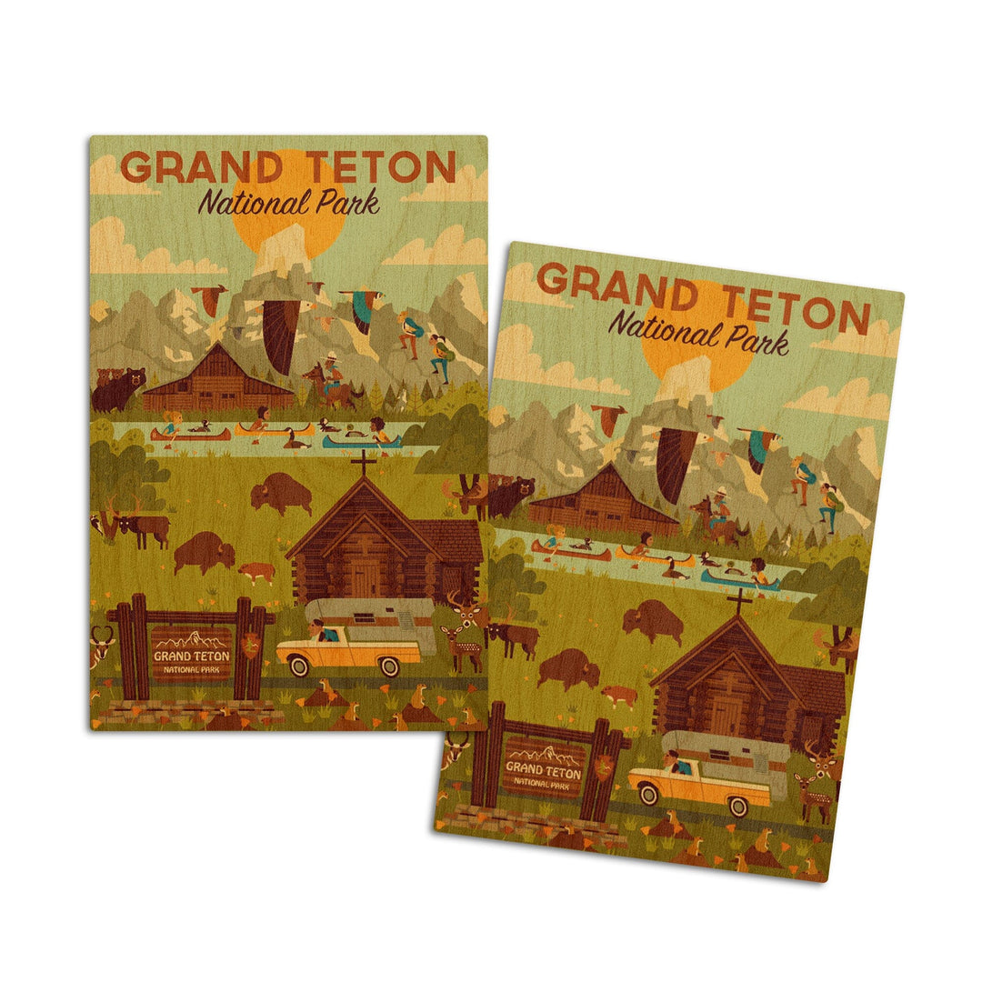 Grand Teton National Park, Wyoming, Geometric National Park Collection, Lantern Press Artwork, Wood Signs and Postcards Wood Lantern Press 4x6 Wood Postcard Set 