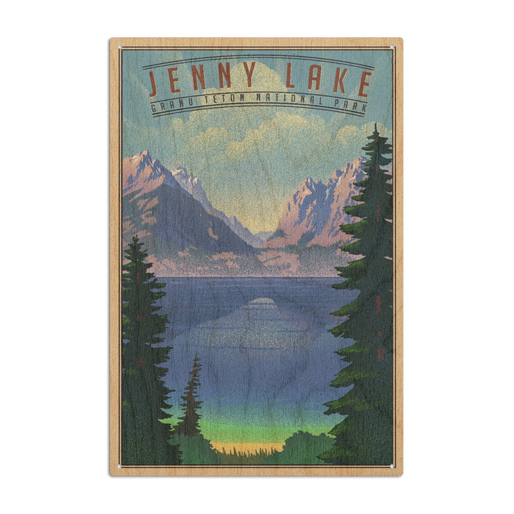 Grand Teton National Park, Wyoming, Jenny Lake, Lithograph National Park Series, Lantern Press Artwork, Wood Signs and Postcards Wood Lantern Press 10 x 15 Wood Sign 