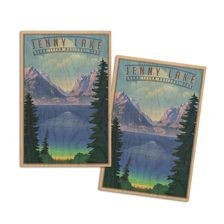Grand Teton National Park, Wyoming, Jenny Lake, Lithograph National Park Series, Lantern Press Artwork, Wood Signs and Postcards Wood Lantern Press 4x6 Wood Postcard Set 
