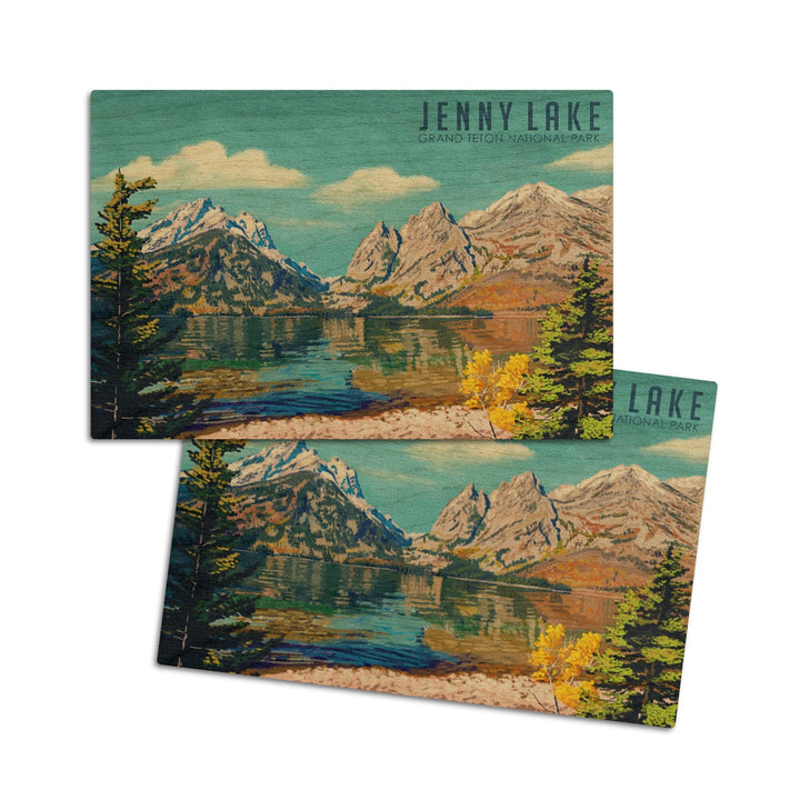 Grand Teton National Park, Wyoming, Jenny Lake, Oil Painting, Lantern Press Artwork, Wood Signs and Postcards Wood Lantern Press 4x6 Wood Postcard Set 