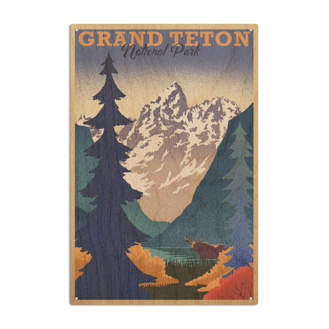 Grand Teton National Park, Wyoming, Lithograph, Lantern Press Artwork, Wood Signs and Postcards Wood Lantern Press 10 x 15 Wood Sign 