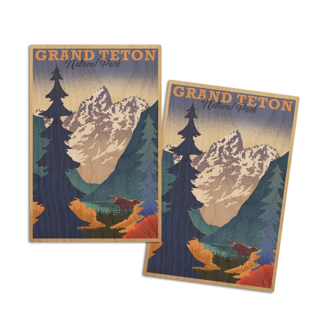 Grand Teton National Park, Wyoming, Lithograph, Lantern Press Artwork, Wood Signs and Postcards Wood Lantern Press 4x6 Wood Postcard Set 