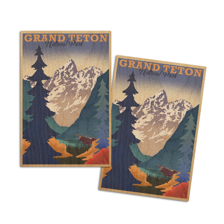 Grand Teton National Park, Wyoming, Lithograph, Lantern Press Artwork, Wood Signs and Postcards Wood Lantern Press 4x6 Wood Postcard Set 