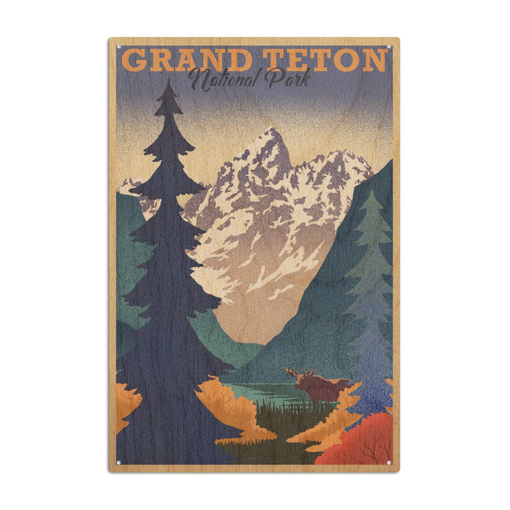Grand Teton National Park, Wyoming, Lithograph, Lantern Press Artwork, Wood Signs and Postcards Wood Lantern Press 6x9 Wood Sign 