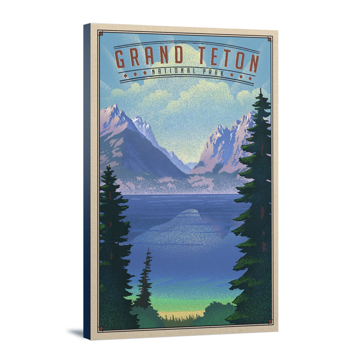 Grand Teton National Park, Wyoming, Lithograph National Park Series, Lantern Press Artwork, Stretched Canvas Canvas Lantern Press 12x18 Stretched Canvas 