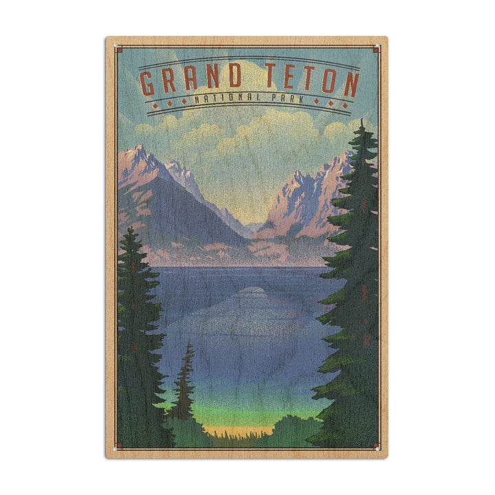 Grand Teton National Park, Wyoming, Lithograph National Park Series, Lantern Press Artwork, Wood Signs and Postcards Wood Lantern Press 10 x 15 Wood Sign 