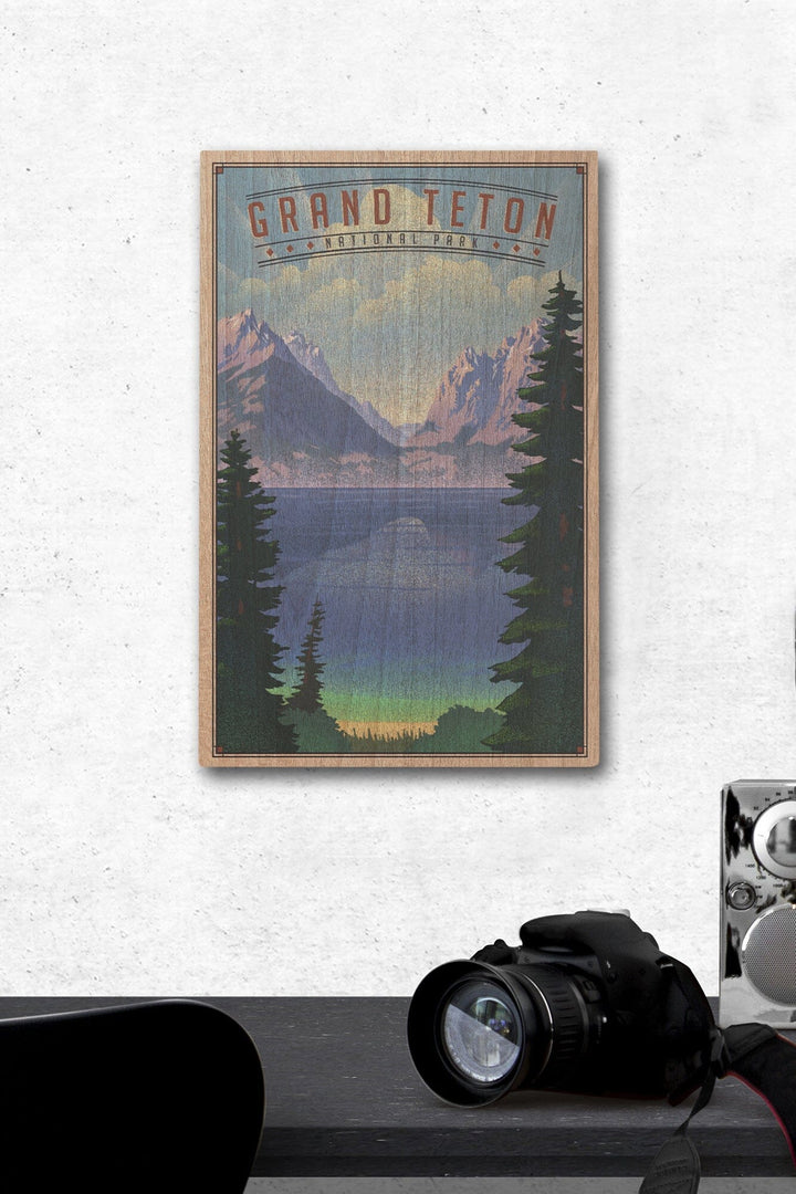 Grand Teton National Park, Wyoming, Lithograph National Park Series, Lantern Press Artwork, Wood Signs and Postcards Wood Lantern Press 12 x 18 Wood Gallery Print 
