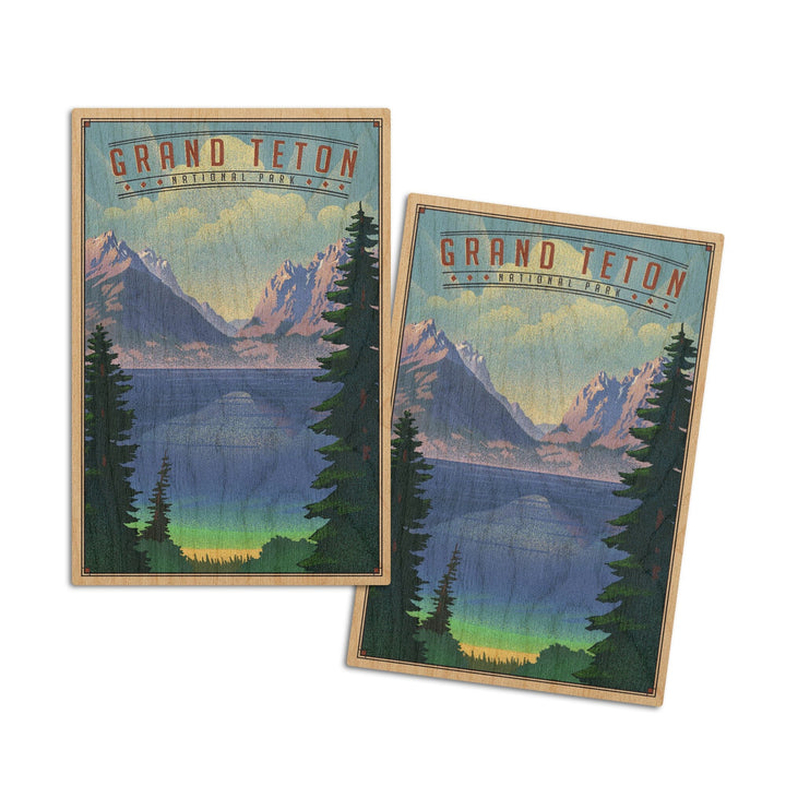 Grand Teton National Park, Wyoming, Lithograph National Park Series, Lantern Press Artwork, Wood Signs and Postcards Wood Lantern Press 4x6 Wood Postcard Set 