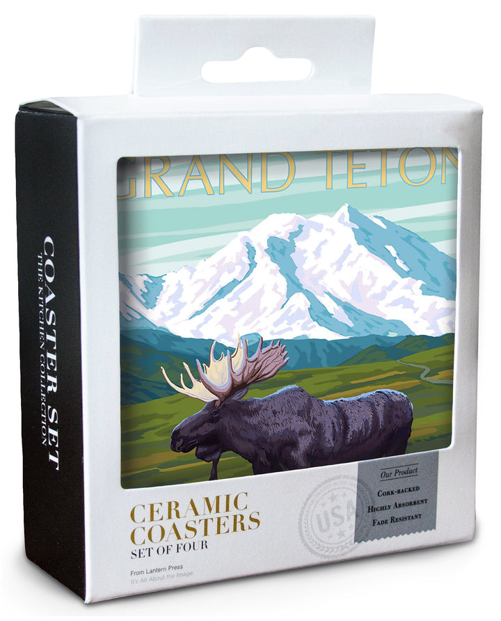 Grand Teton National Park, Wyoming, Moose & Mountain, Lantern Press Artwork, Coaster Set Coasters Lantern Press 