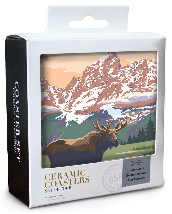 Grand Teton National Park, Wyoming, Moose & Mountains, Lantern Press Artwork, Coaster Set Coasters Lantern Press 