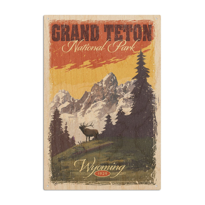 Grand Teton National Park, Wyoming, Mountain View & Elk, Distressed, Lantern Press Artwork, Wood Signs and Postcards Wood Lantern Press 10 x 15 Wood Sign 
