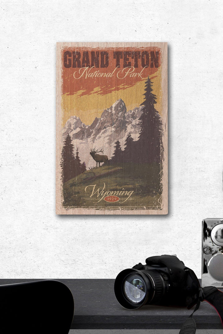 Grand Teton National Park, Wyoming, Mountain View & Elk, Distressed, Lantern Press Artwork, Wood Signs and Postcards Wood Lantern Press 12 x 18 Wood Gallery Print 