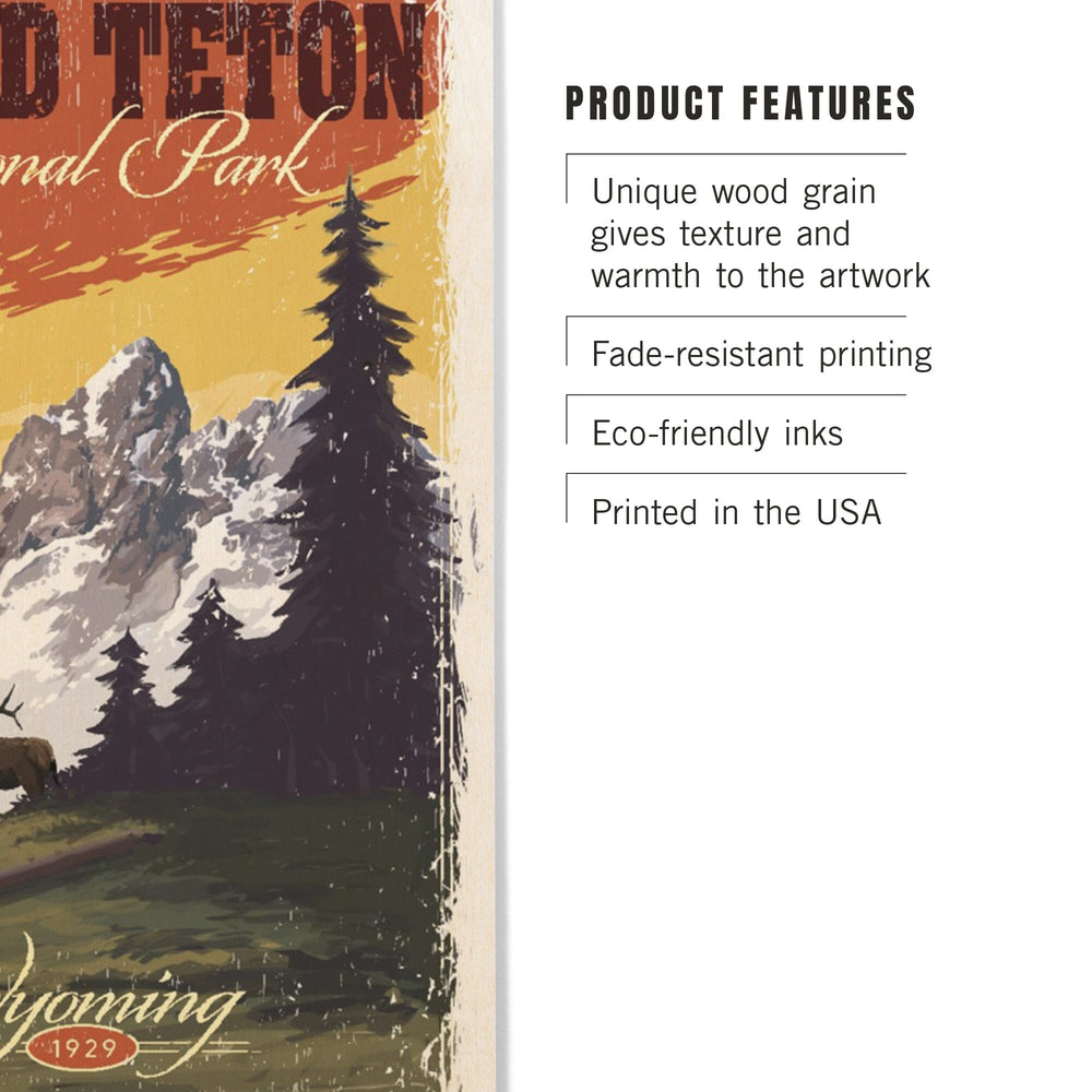 Grand Teton National Park, Wyoming, Mountain View & Elk, Distressed, Lantern Press Artwork, Wood Signs and Postcards Wood Lantern Press 