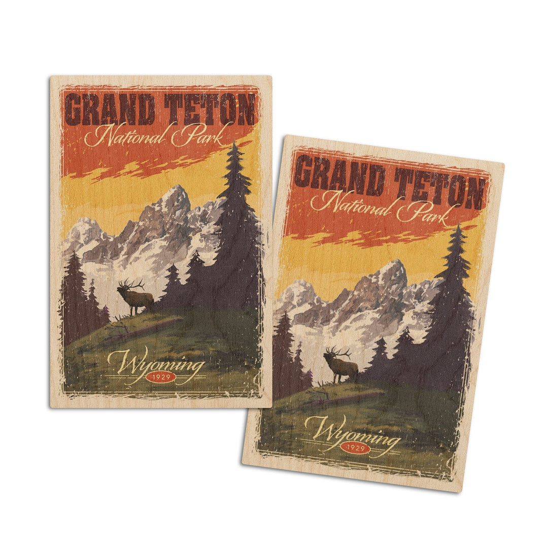 Grand Teton National Park, Wyoming, Mountain View & Elk, Distressed, Lantern Press Artwork, Wood Signs and Postcards Wood Lantern Press 4x6 Wood Postcard Set 