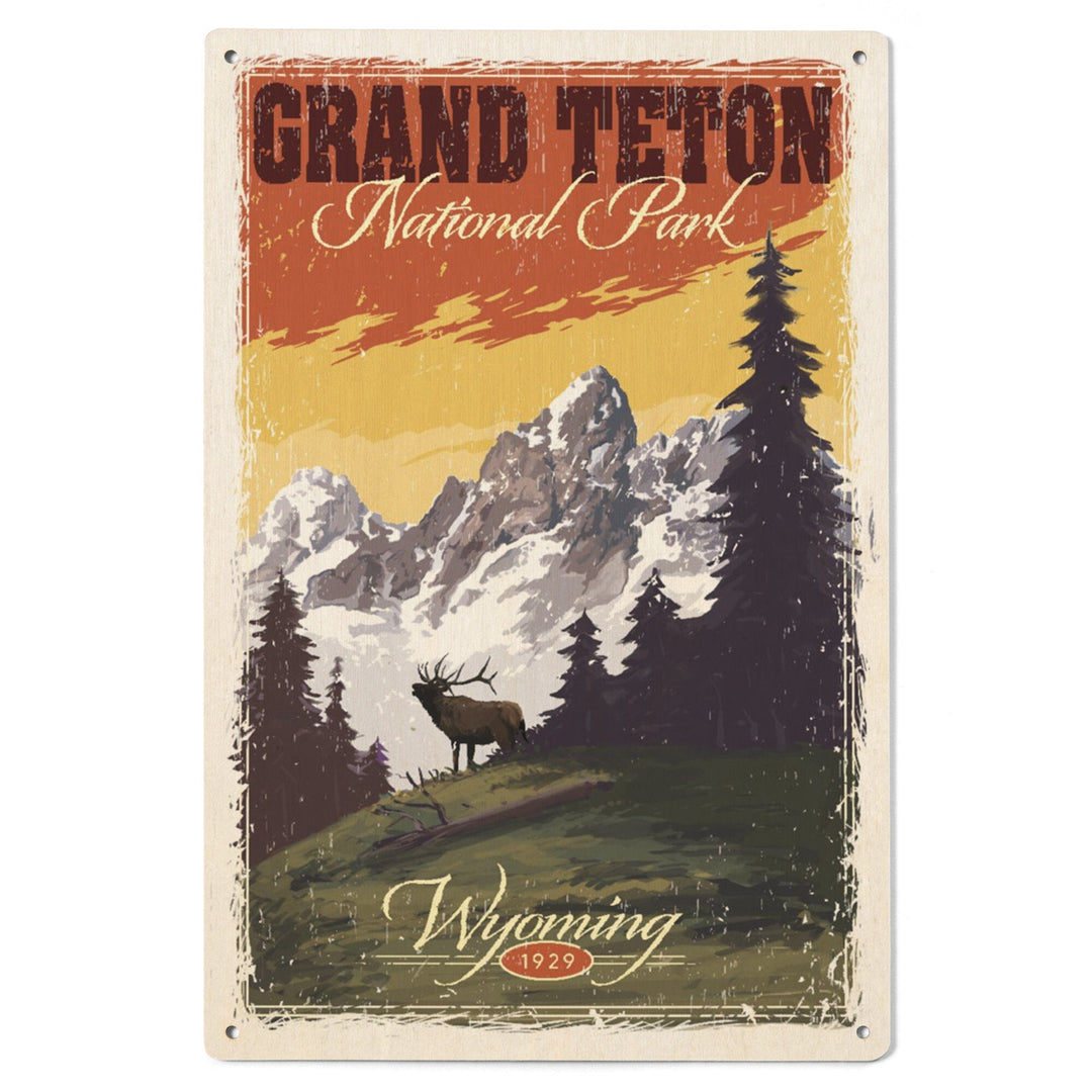 Grand Teton National Park, Wyoming, Mountain View & Elk, Distressed, Lantern Press Artwork, Wood Signs and Postcards Wood Lantern Press 