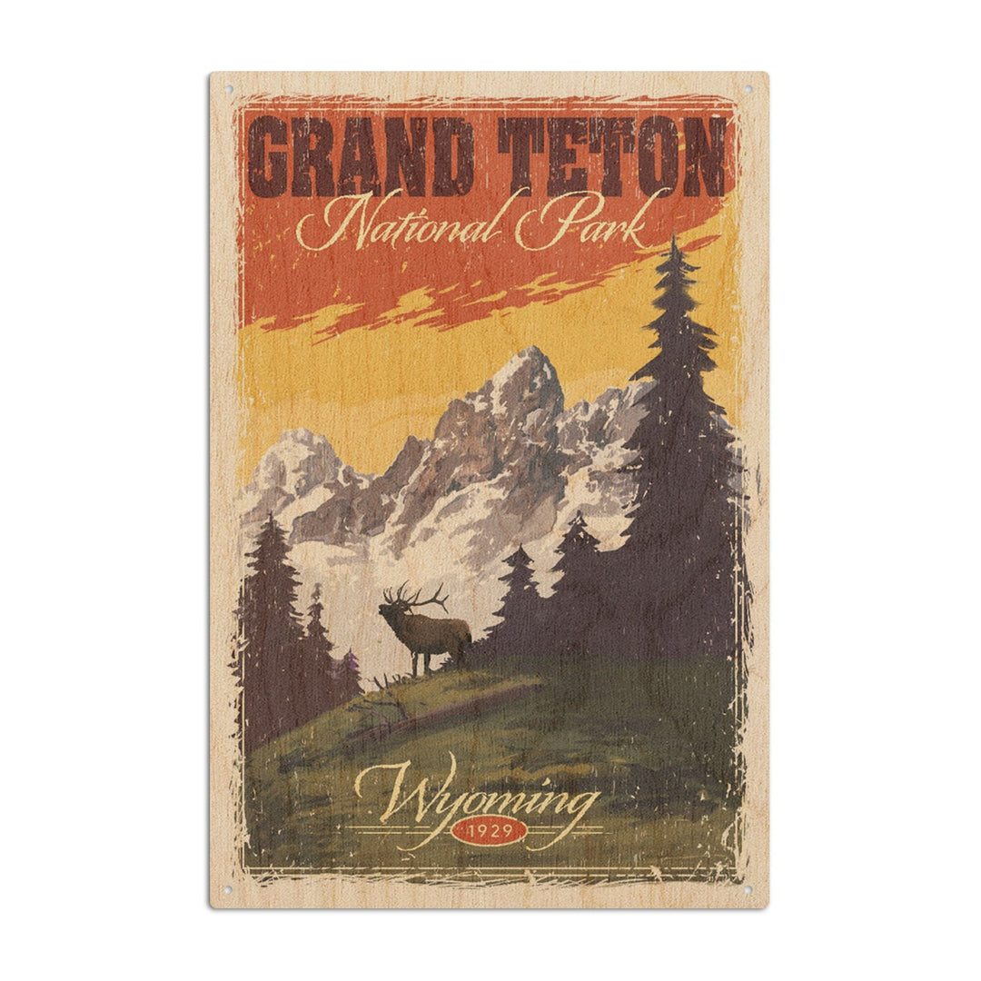 Grand Teton National Park, Wyoming, Mountain View & Elk, Distressed, Lantern Press Artwork, Wood Signs and Postcards Wood Lantern Press 6x9 Wood Sign 
